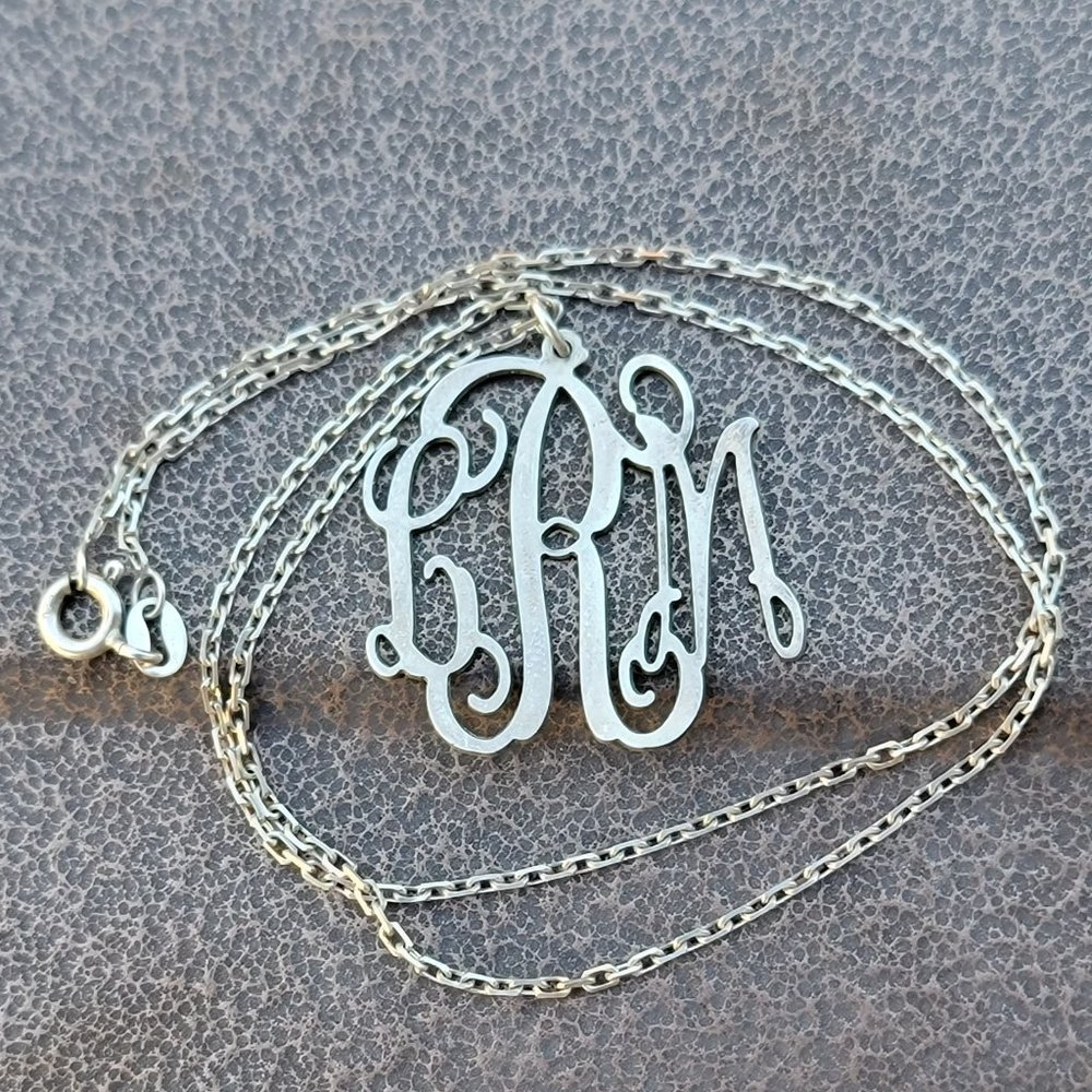 Vintage Victorian monogram LRM initials 925 sterling silver necklace